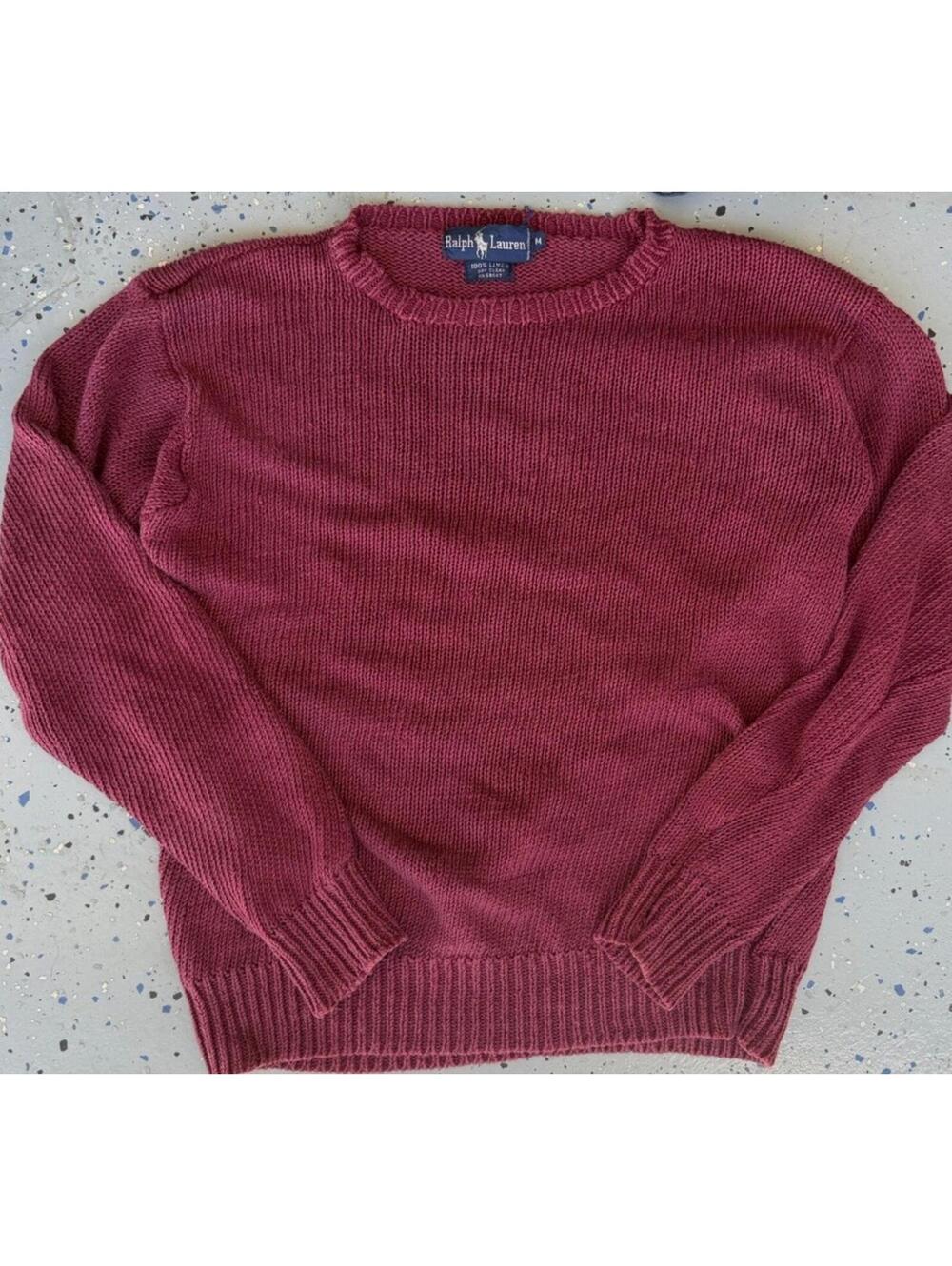 100% Linen Ralph Lauren Burgundy Cotton Tight-Knit Crew Neck Pullover Sweater